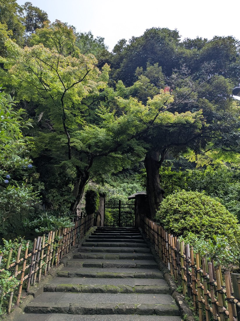 Stone steps rising to a temple gate