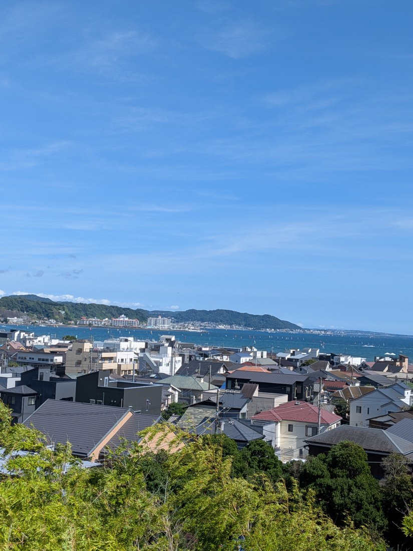 Rooftops and the sea seen from Hase-dera