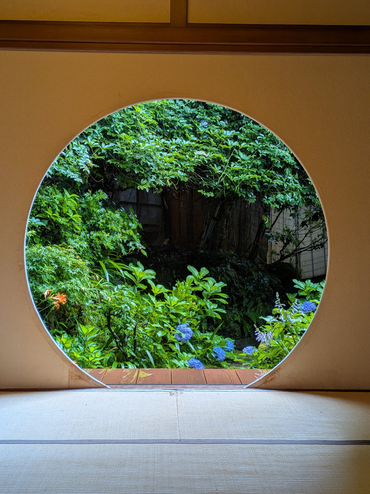 A round window onto a temple garden