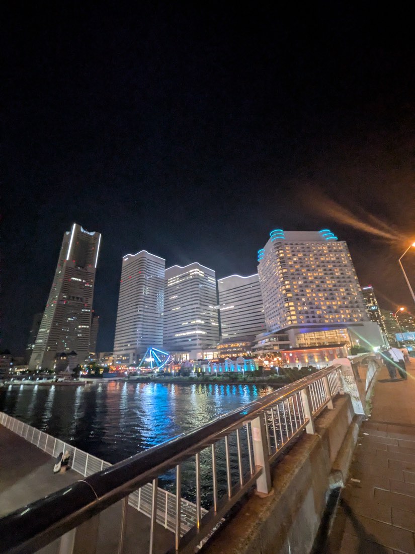 The Yokohama skyline seen from the pier deck at night